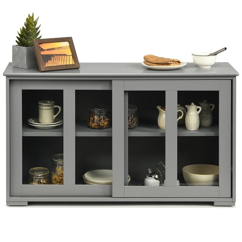 Pemberly Row MDF and Glass Kitchen Storage Cabinet with Sliding Door in Gray