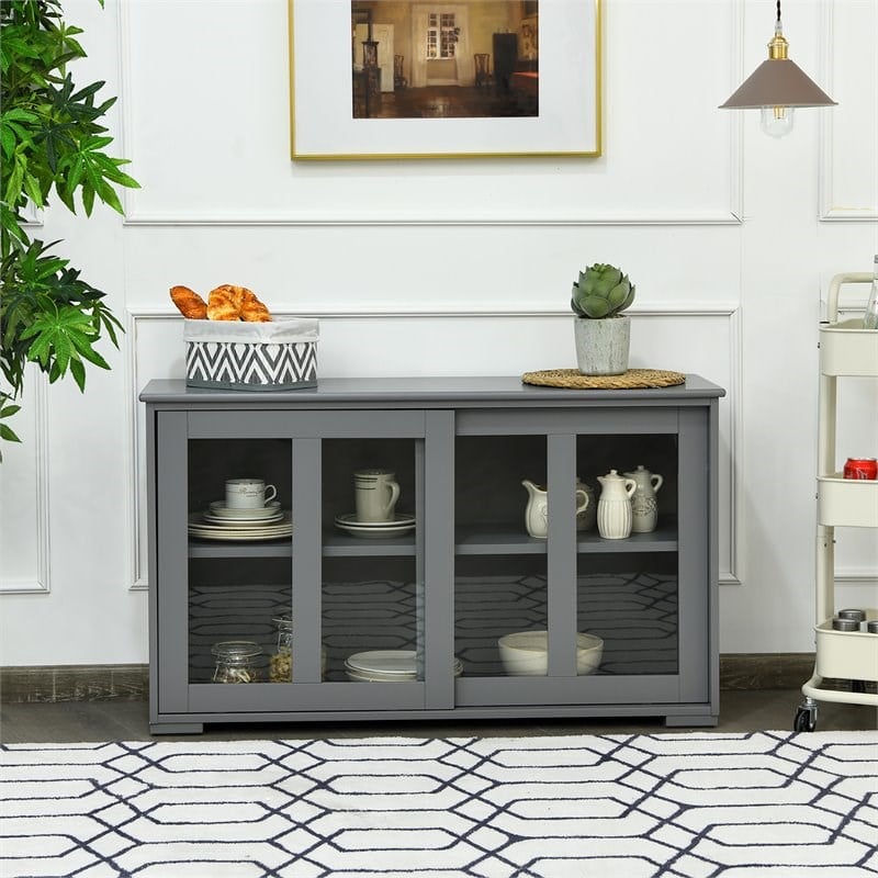 Pemberly Row MDF and Glass Kitchen Storage Cabinet with Sliding Door in Gray