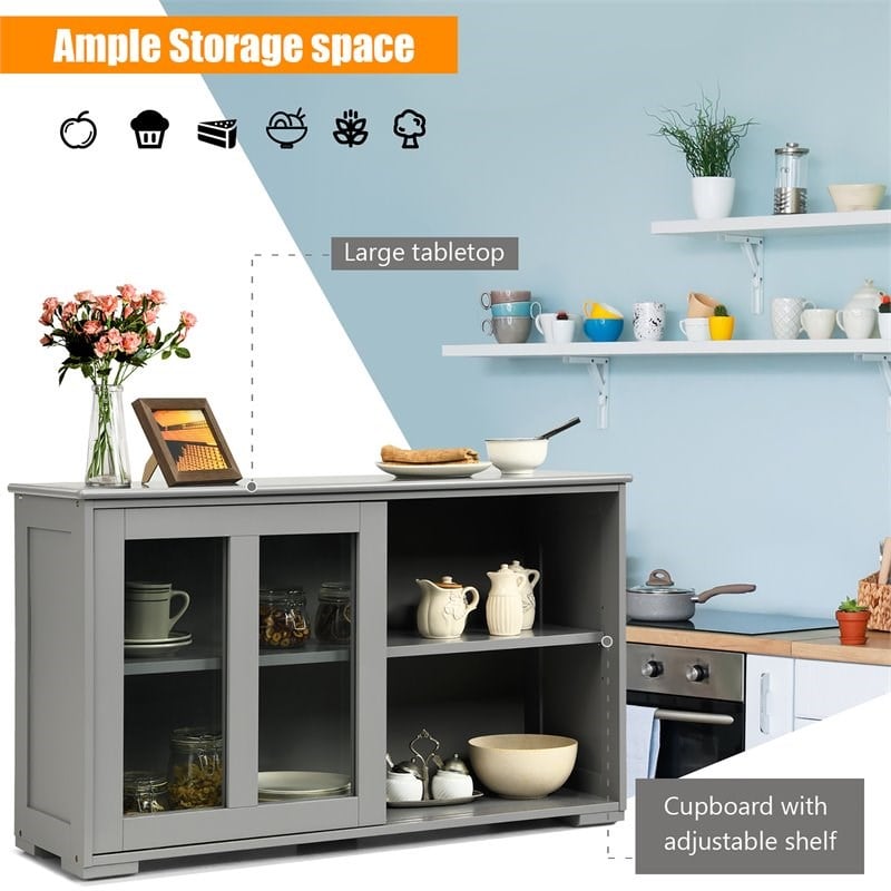 Pemberly Row MDF and Glass Kitchen Storage Cabinet with Sliding Door in Gray