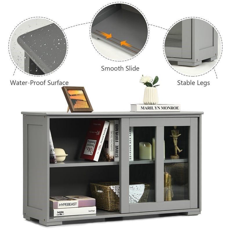 Pemberly Row MDF and Glass Kitchen Storage Cabinet with Sliding Door in Gray