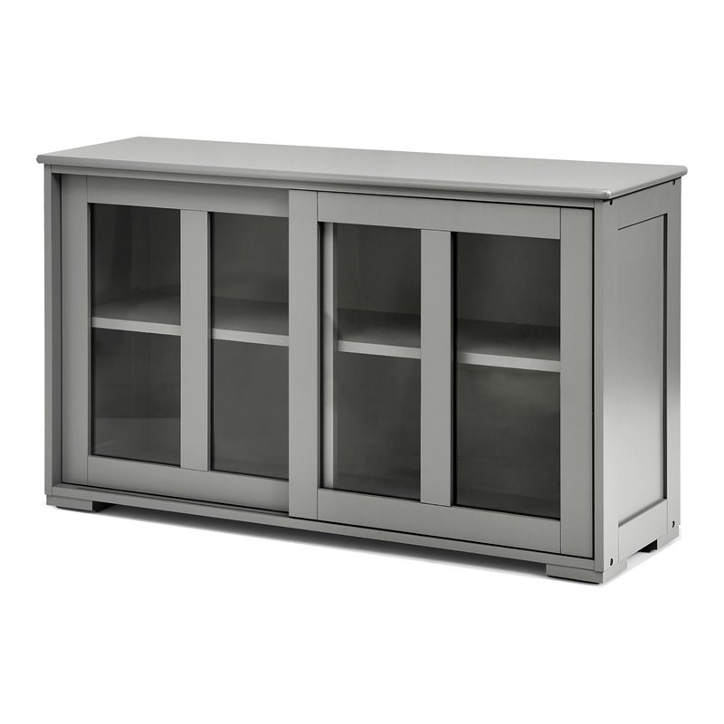 Pemberly Row MDF and Glass Kitchen Storage Cabinet with Sliding Door in Gray