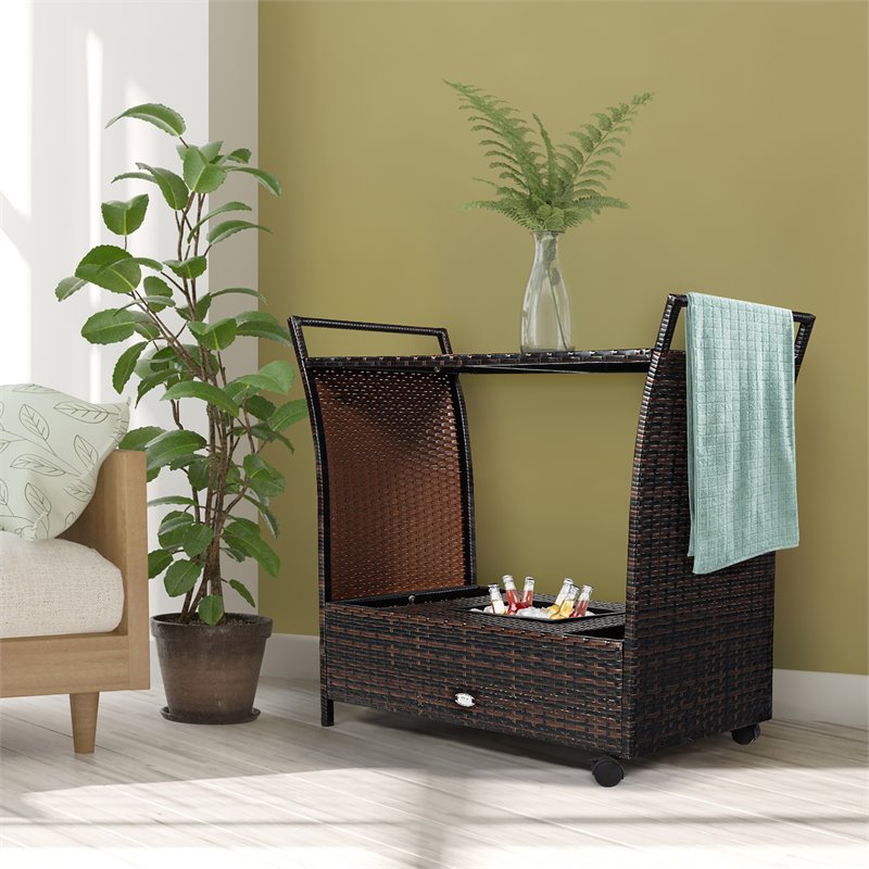 Pemberly Row Steel and Rattan Patio Rolling Bar Cart with Storage Box in Brown
