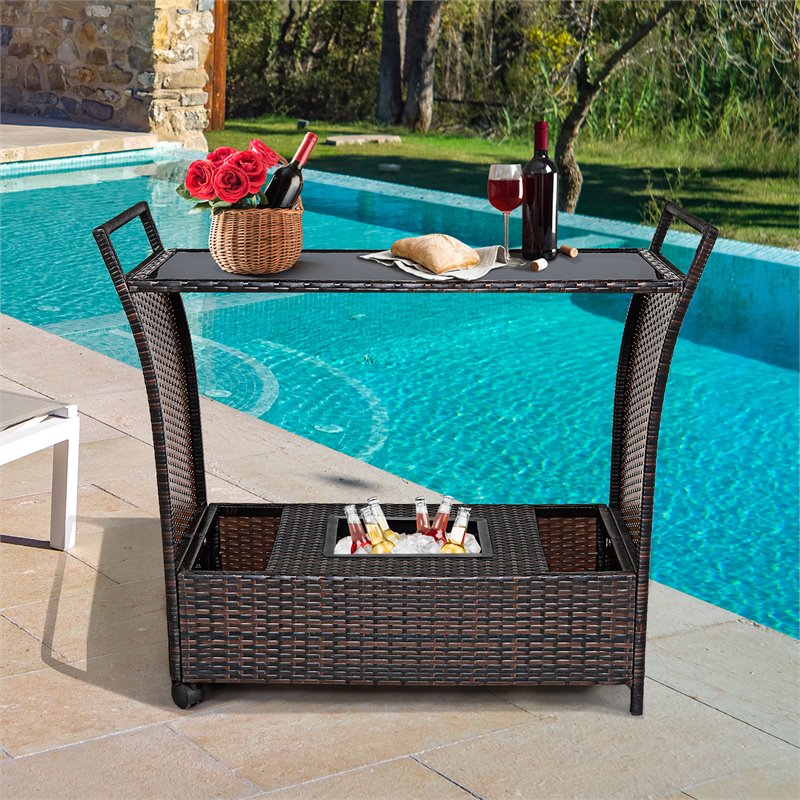 Pemberly Row Steel and Rattan Patio Rolling Bar Cart with Storage Box in Brown