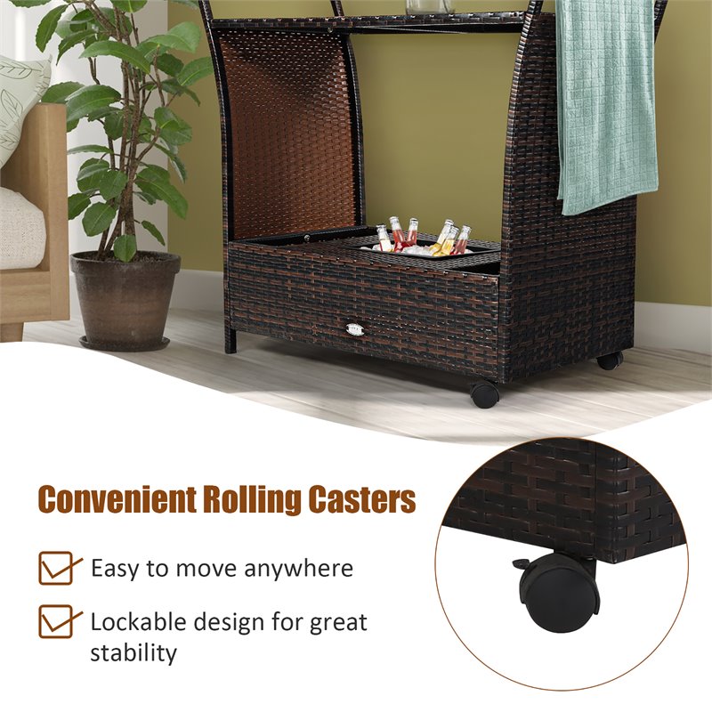 Pemberly Row Steel and Rattan Patio Rolling Bar Cart with Storage Box in Brown