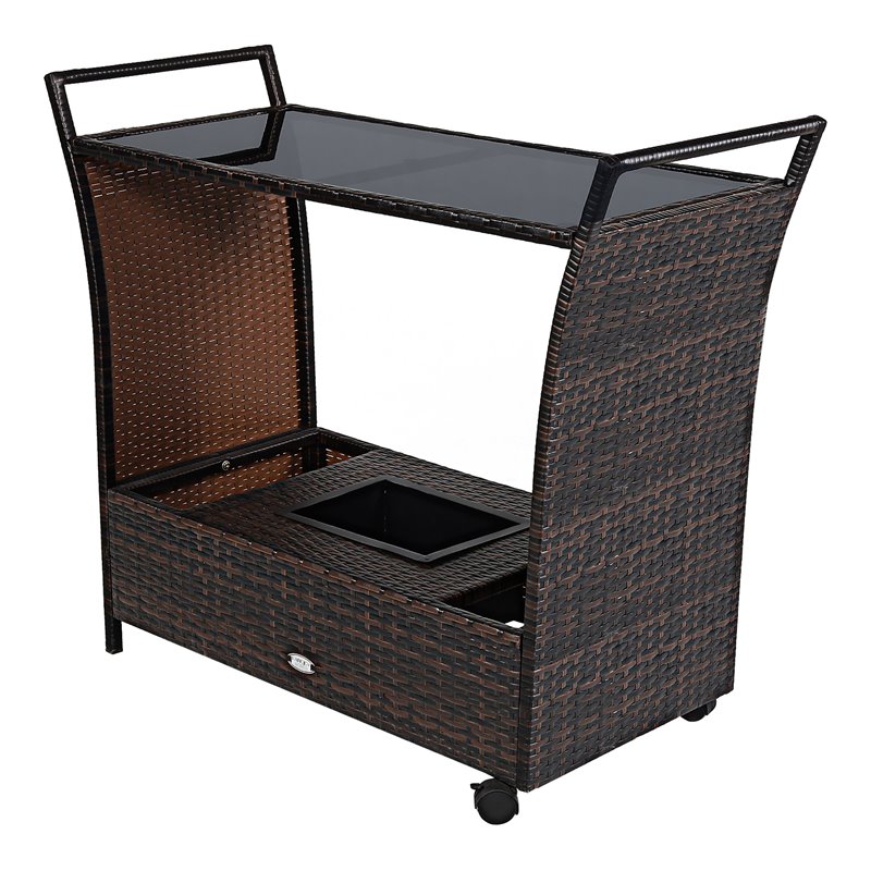 Pemberly Row Steel and Rattan Patio Rolling Bar Cart with Storage Box in Brown