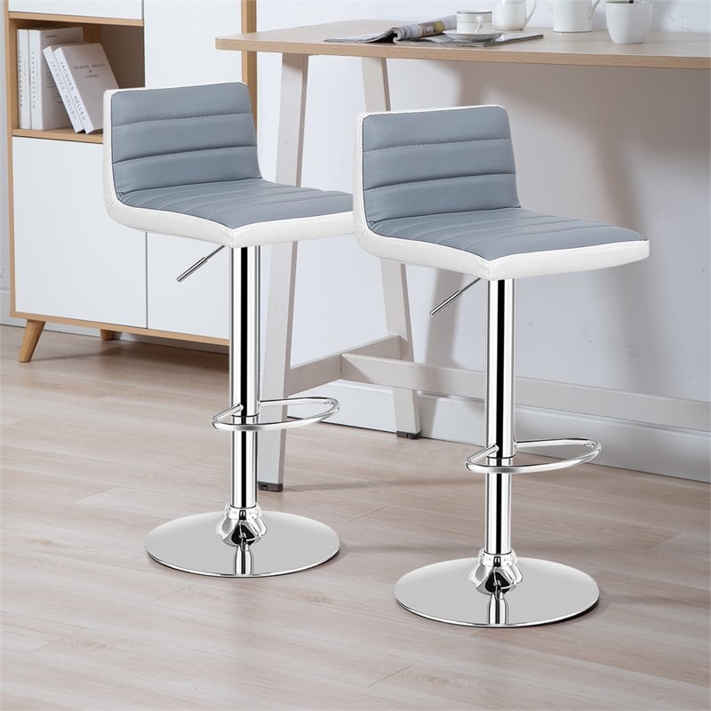 Pemberly Row PU Leather Adjustable Bar Stools in Gray/White (Set of 2)