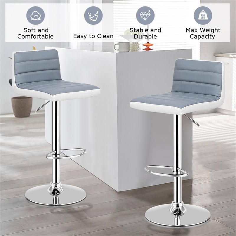 Pemberly Row PU Leather Adjustable Bar Stools in Gray/White (Set of 2)