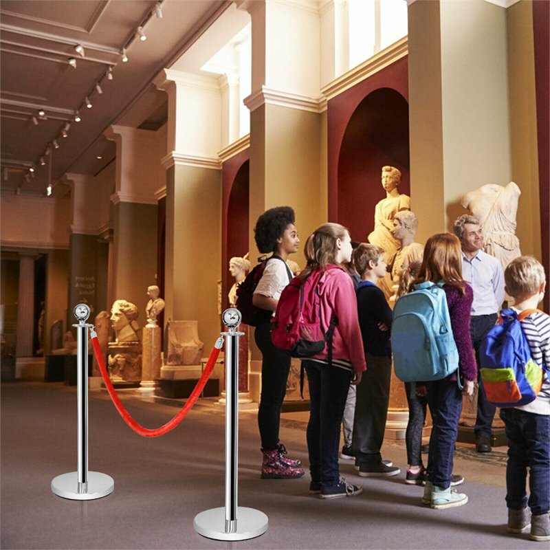 Pemberly Row Stainless Steel Queue Pole in Silver/Red Velvet (Set of 6)