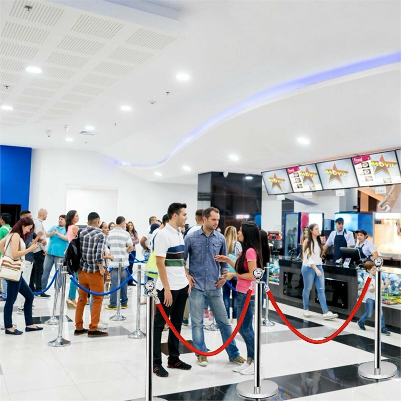 Pemberly Row Stainless Steel Queue Pole in Silver/Red Velvet (Set of 6)