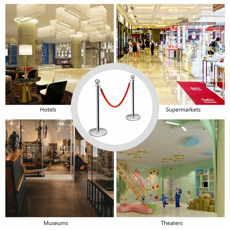 Pemberly Row Stainless Steel Queue Pole in Silver/Red Velvet (Set of 6)