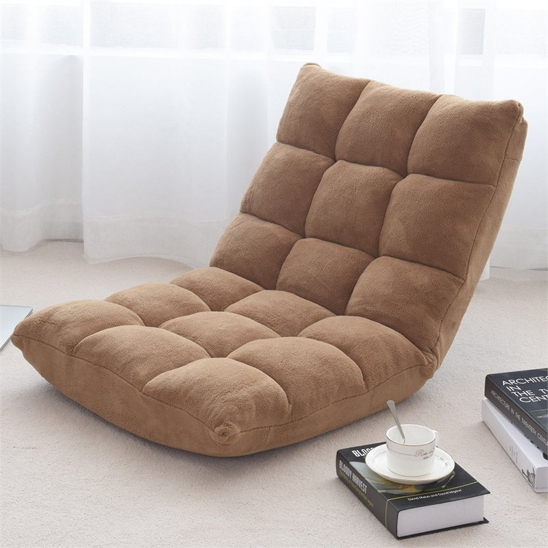Pemberly Row Contemporary Velvet Adjustable Floor Chair in Beige Finish
