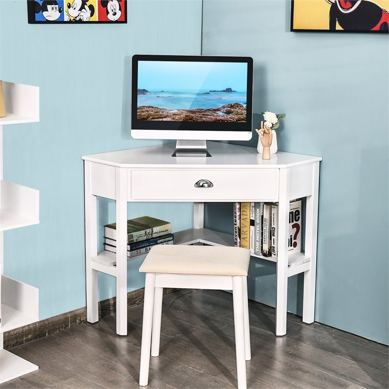 Pemberly Row Contemporary MDF and Pine Wood Corner Computer Desk in White