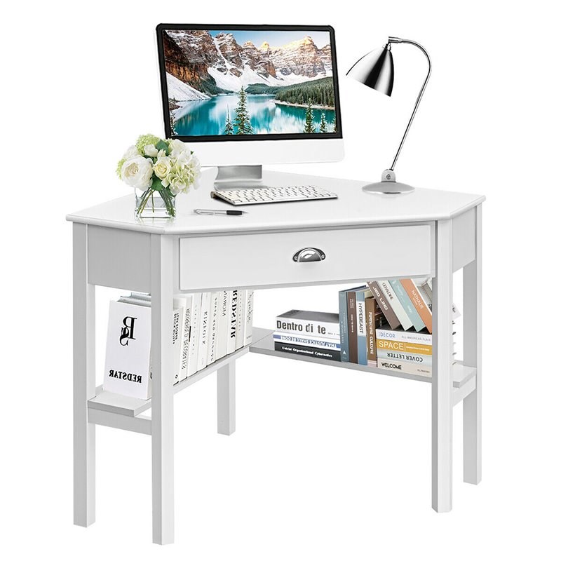 Pemberly Row Contemporary MDF and Pine Wood Corner Computer Desk in White