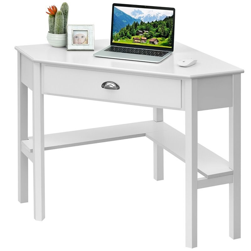 Pemberly Row Contemporary MDF and Pine Wood Corner Computer Desk in White