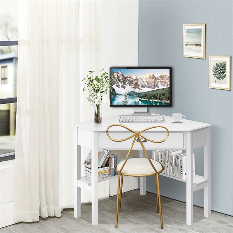 Pemberly Row Contemporary MDF and Pine Wood Corner Computer Desk in White