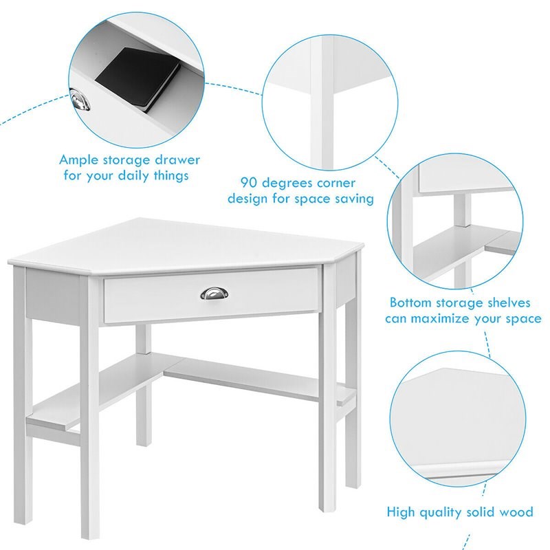 Pemberly Row Contemporary MDF and Pine Wood Corner Computer Desk in White