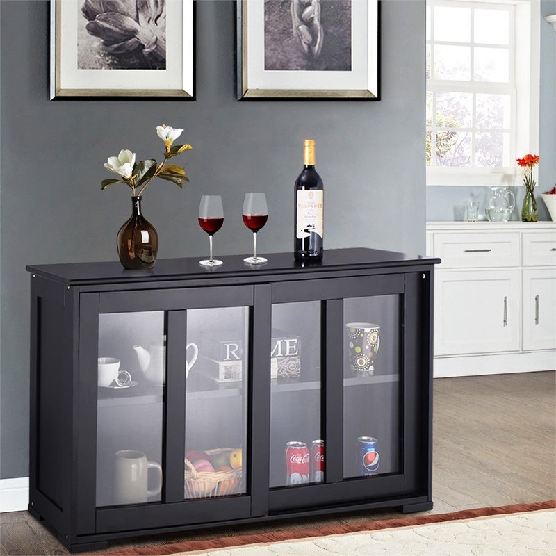 Pemberly Row MDF and Glass Kitchen Storage Cabinet with Sliding Door in Black