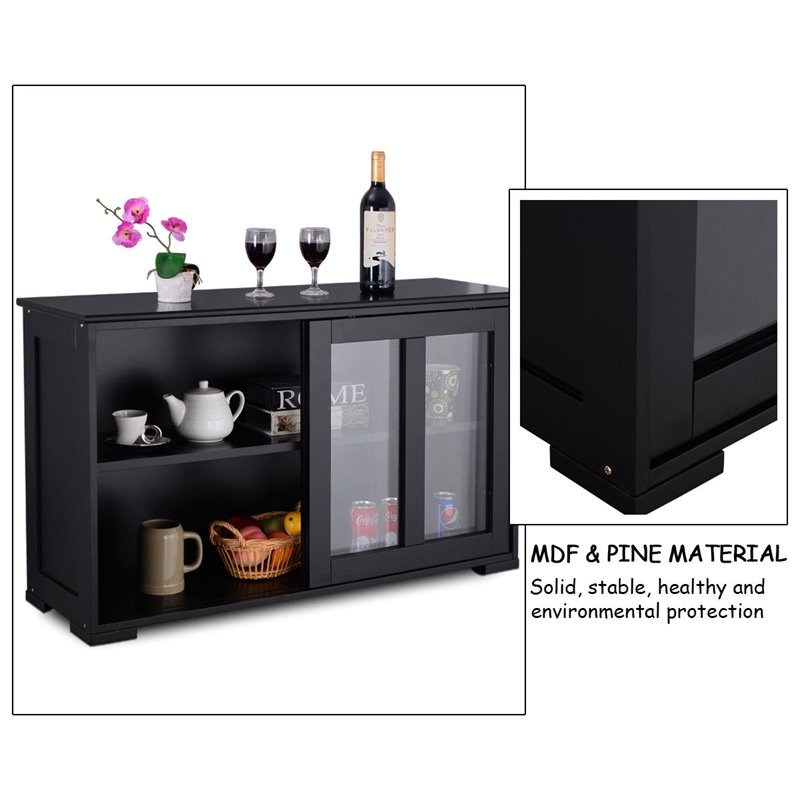 Pemberly Row MDF and Glass Kitchen Storage Cabinet with Sliding Door in Black