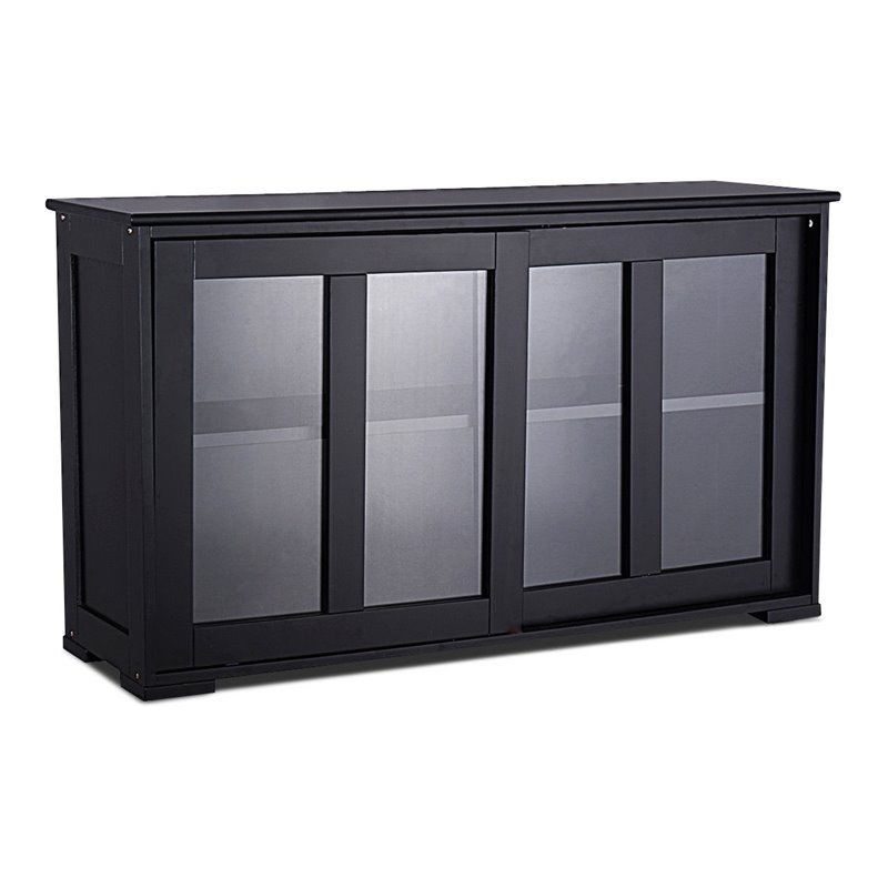 Pemberly Row MDF and Glass Kitchen Storage Cabinet with Sliding Door in Black