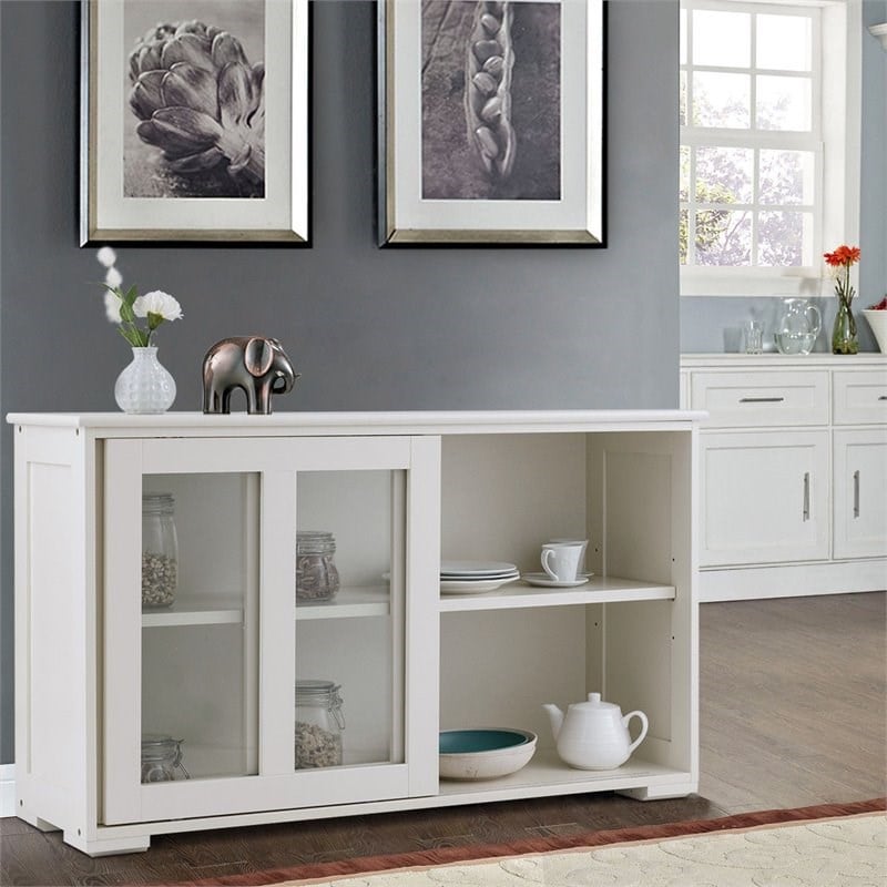 Pemberly Row MDF and Glass Kitchen Storage Cabinet with Sliding Door in White