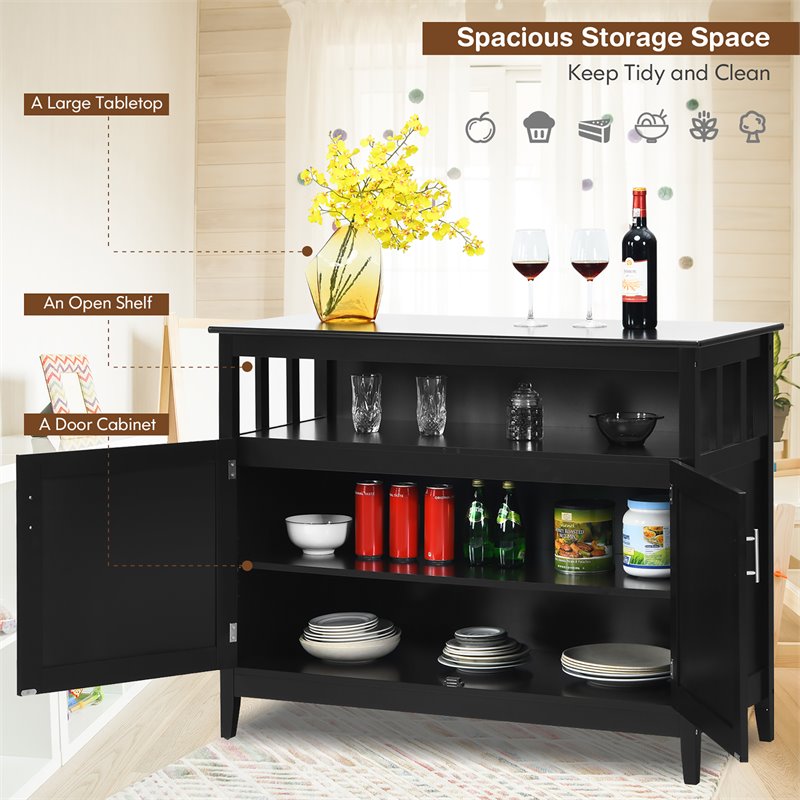 Pemberly Row MDF and Pine Kitchen Storage Cabinet with 2 Doors in Black