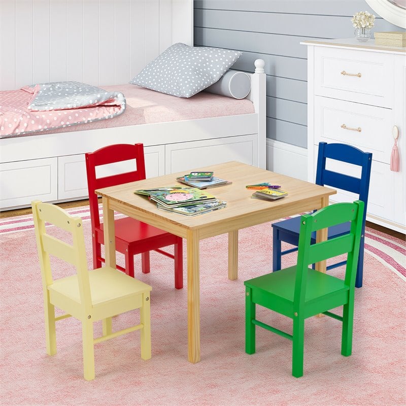 Pemberly Row 5-piece Pine Wood Kids' Table and Chair Set in Multi-Color