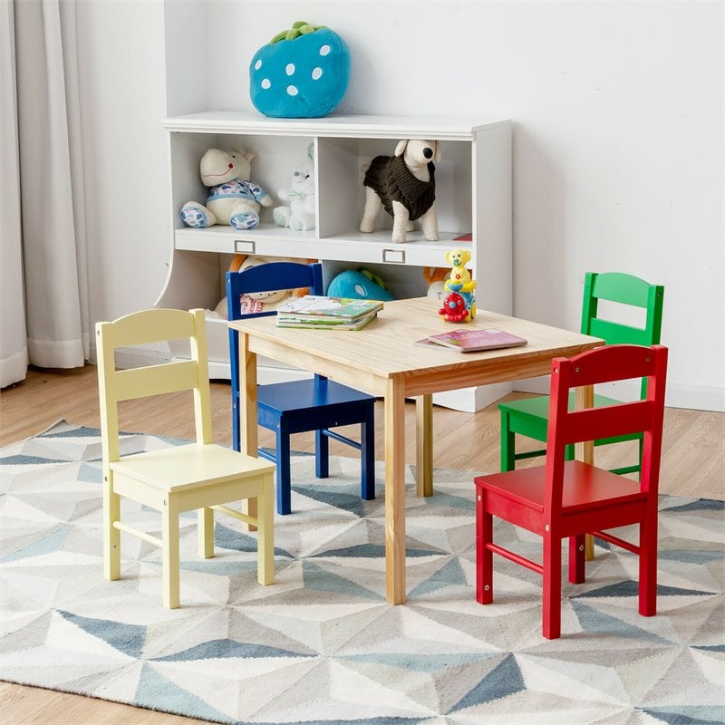 Pemberly Row 5-piece Pine Wood Kids' Table and Chair Set in Multi-Color