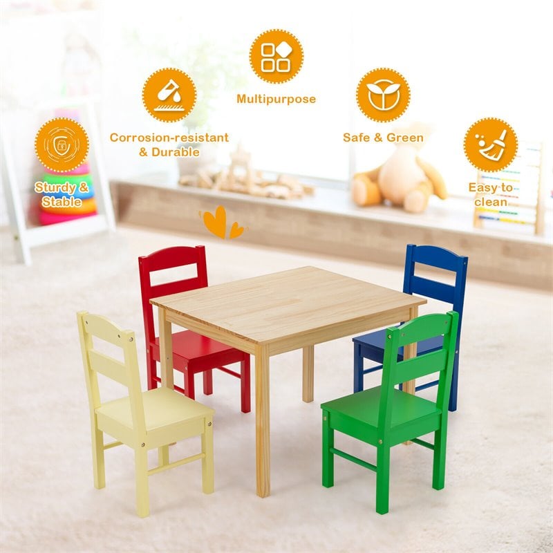 Pemberly Row 5-piece Pine Wood Kids' Table and Chair Set in Multi-Color