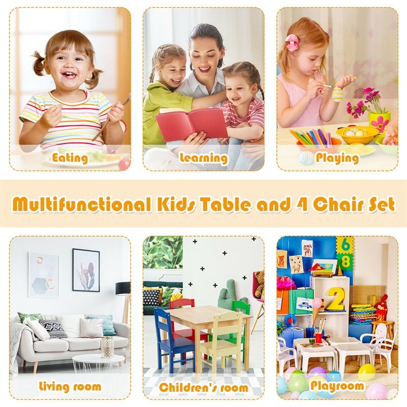 Pemberly Row 5-piece Pine Wood Kids' Table and Chair Set in Multi-Color