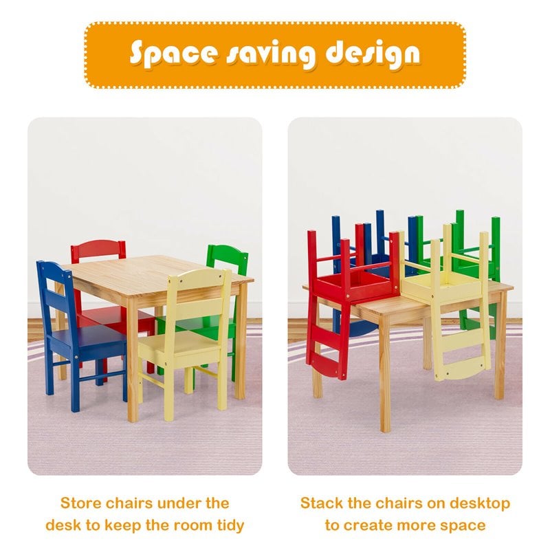 Pemberly Row 5-piece Pine Wood Kids' Table and Chair Set in Multi-Color