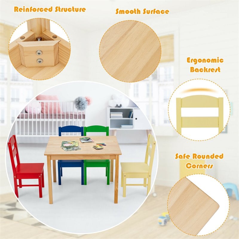 Pemberly Row 5-piece Pine Wood Kids' Table and Chair Set in Multi-Color