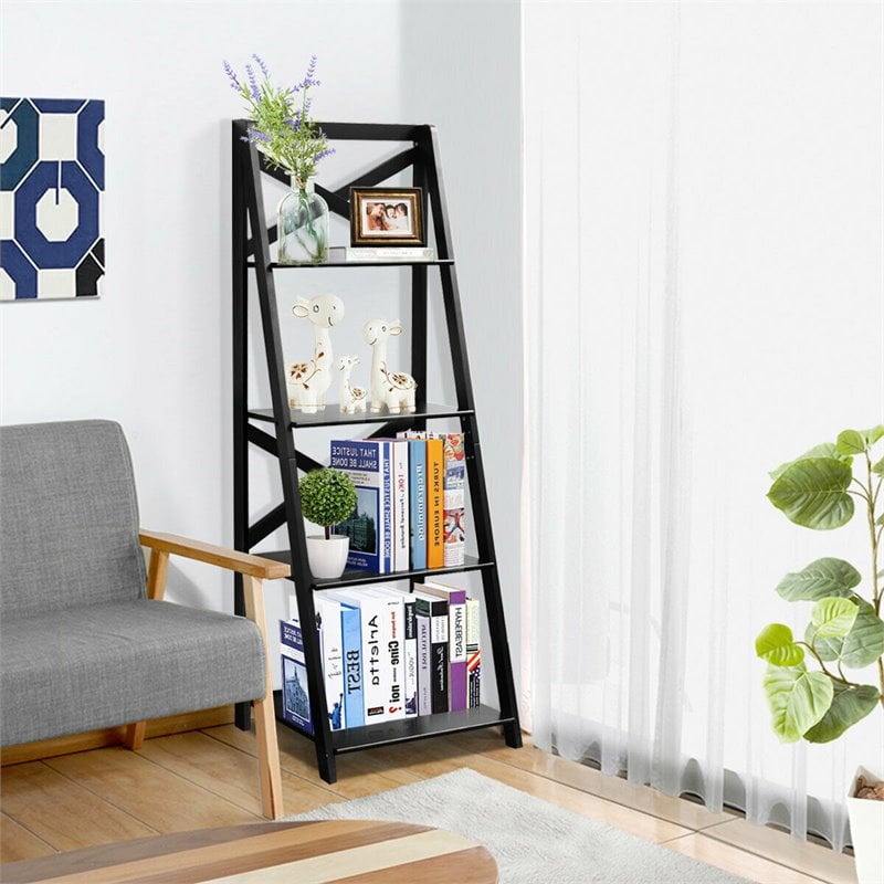 Pemberly Row 4-Tier Contemporary MDF Multifunctional Ladder Shelf in Black