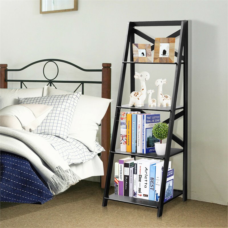 Pemberly Row 4-Tier Contemporary MDF Multifunctional Ladder Shelf in Black