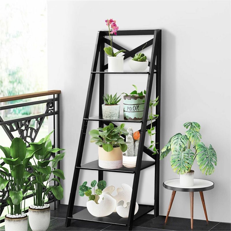 Pemberly Row 4-Tier Contemporary MDF Multifunctional Ladder Shelf in Black