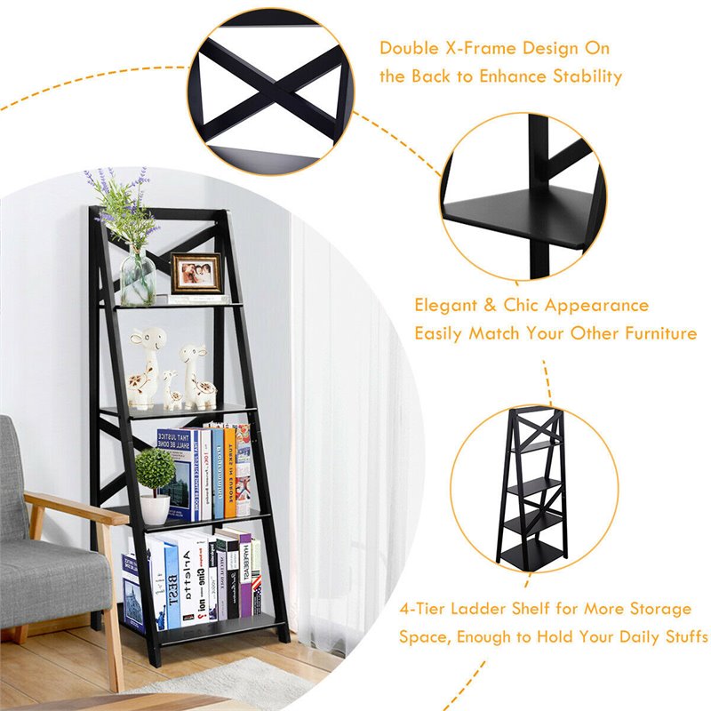 Pemberly Row 4-Tier Contemporary MDF Multifunctional Ladder Shelf in Black