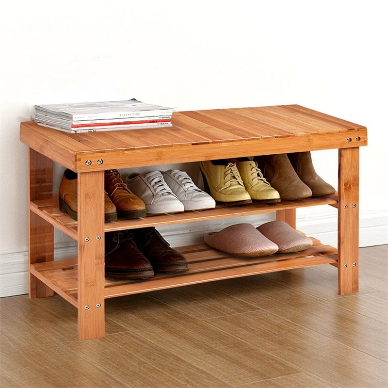 Pemberly Row 3-tier Contemporary Bamboo Shoe Rack Bench in Natural