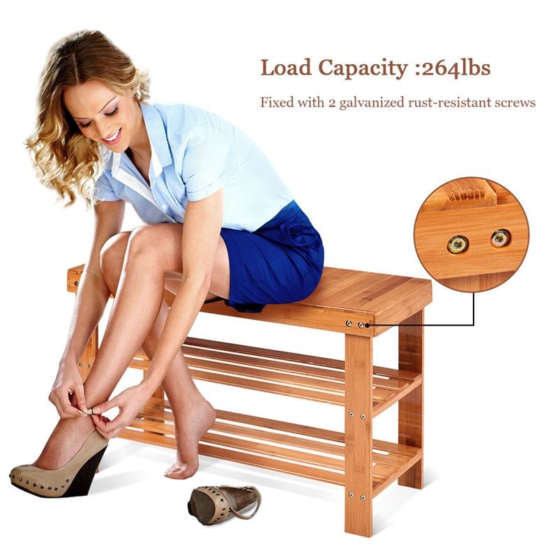 Pemberly Row 3-tier Contemporary Bamboo Shoe Rack Bench in Natural