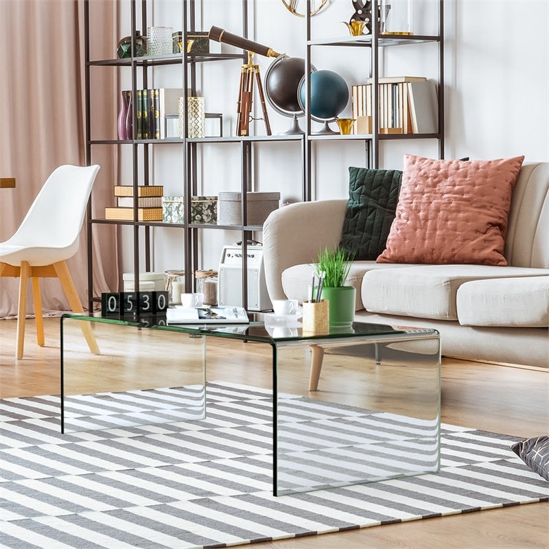 Pemberly Row Contemporary Tempered Glass Coffee Table in Clear Finish