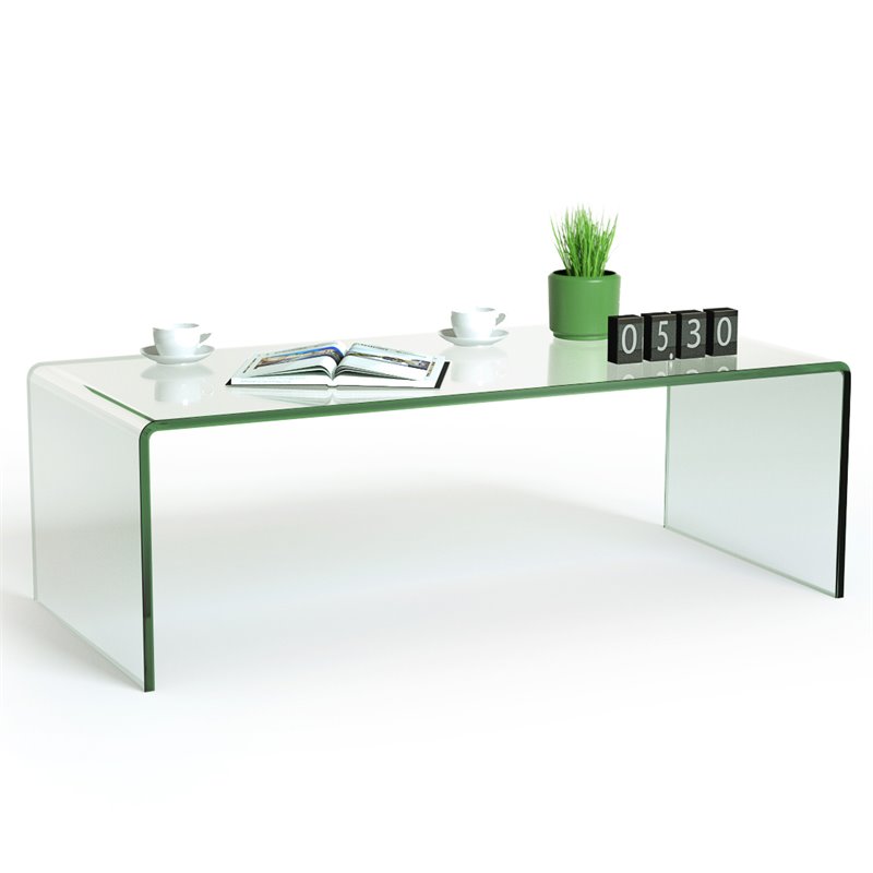 Pemberly Row Contemporary Tempered Glass Coffee Table in Clear Finish