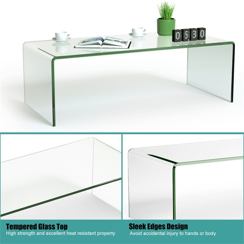 Pemberly Row Contemporary Tempered Glass Coffee Table in Clear Finish