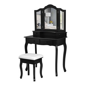 Pemberly Row MDF Makeup Desk Vanity Set with 4 Drawers & Mirror in Black