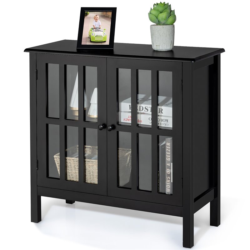 Pemberly Row Pine Wood Free Standing Storage Buffet Cabinet in Black