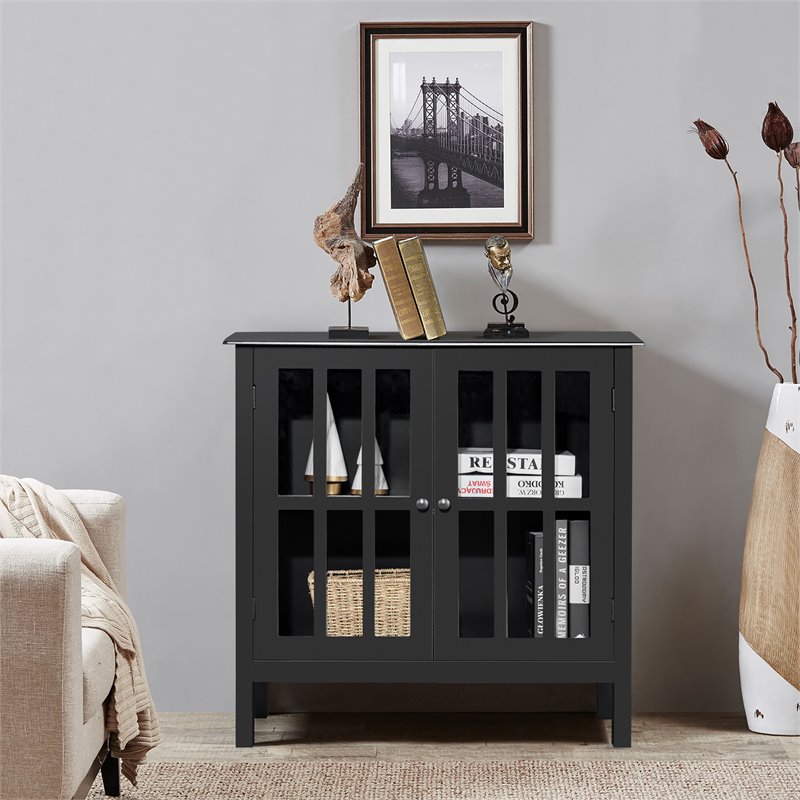Pemberly Row Pine Wood Free Standing Storage Buffet Cabinet in Black