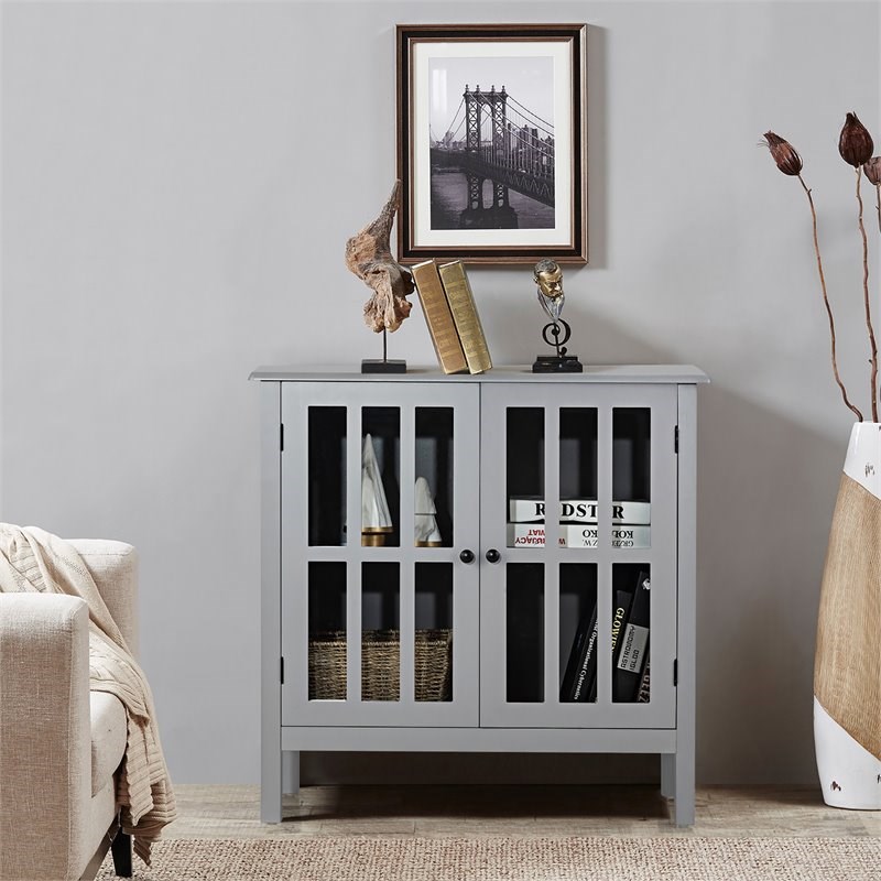 Pemberly Row Contemporary Pine Wood Free Standing Storage Buffet Cabinet in Gray