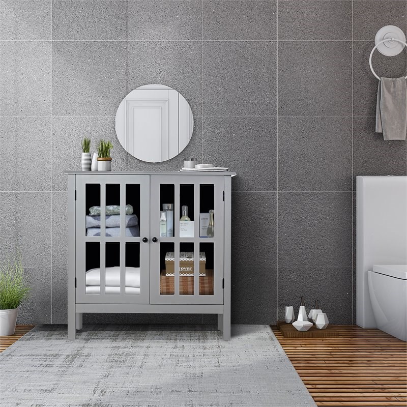 Pemberly Row Contemporary Pine Wood Free Standing Storage Buffet Cabinet in Gray