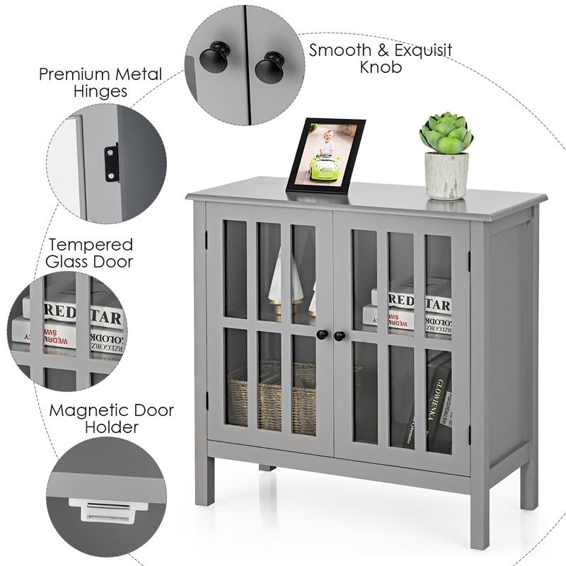 Pemberly Row Contemporary Pine Wood Free Standing Storage Buffet Cabinet in Gray