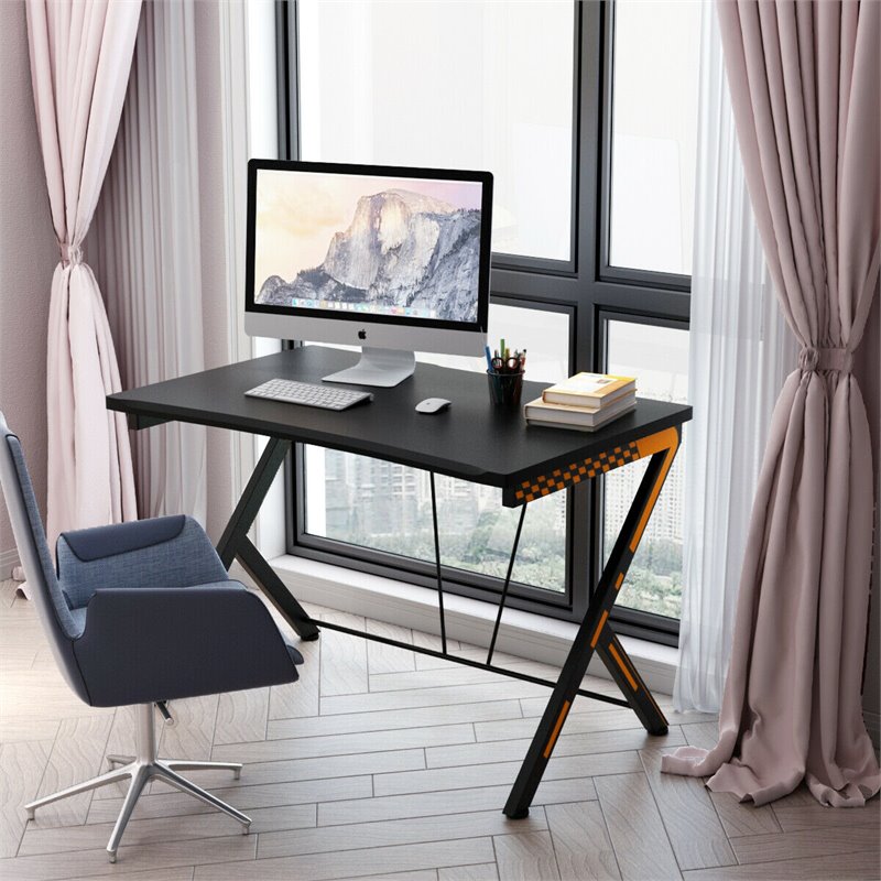 Pemberly Row Contemporary Metal and MDF Board Computer Desk in Black