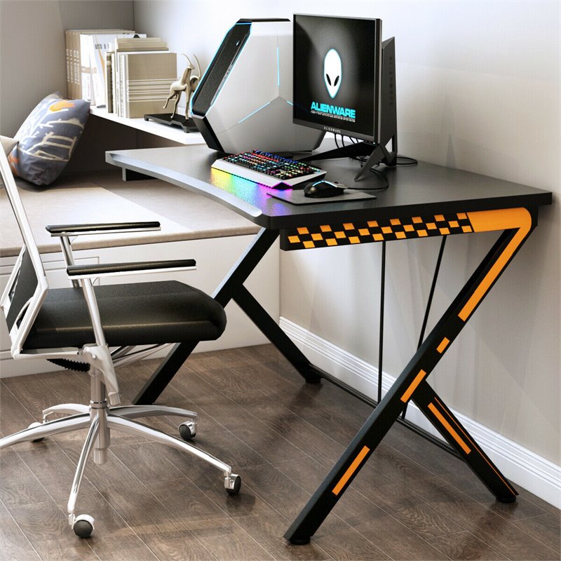 Pemberly Row Contemporary Metal and MDF Board Computer Desk in Black