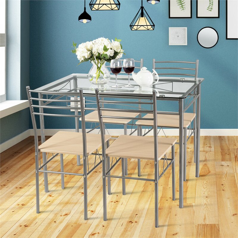 Pemberly Row 5-Pc Glass & Steel Dining Set with Table & 4 Chairs in Silver