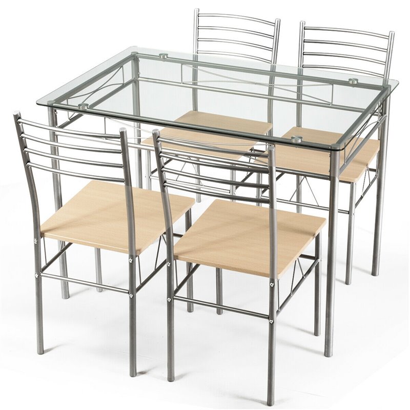 Pemberly Row 5-Pc Glass & Steel Dining Set with Table & 4 Chairs in Silver